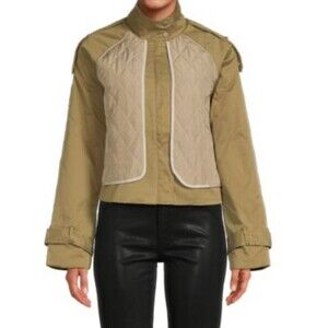 Grey Lab‎ Quilted Jacket Olive Stand Collar Hidden Zip Button Cuff Womens Medium